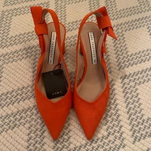 Zara orange suede tie heels